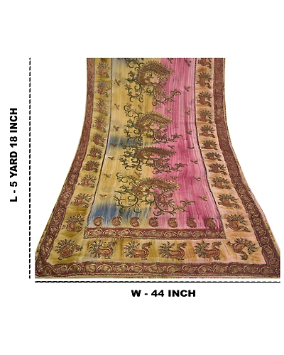 Sanskriti Vintage Indian Sarees Georgette Glass Beads Sari Craft Painted Fabric, PS-58643-Multi Color-Handmade Kalamkari Work-Georgette (Not Pure Georgette)-1