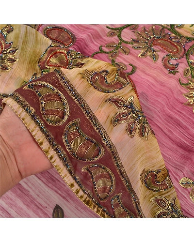 Sanskriti Vintage Indian Sarees Georgette Glass Beads Sari Craft Painted Fabric, PS-58643-Multi Color-Handmade Kalamkari Work-Georgette (Not Pure Georgette)-4