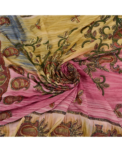 Sanskriti Vintage Indian Sarees Georgette Glass Beads Sari Craft Painted Fabric, PS-58643-Multi Color-Handmade Kalamkari Work-Georgette (Not Pure Georgette)-6