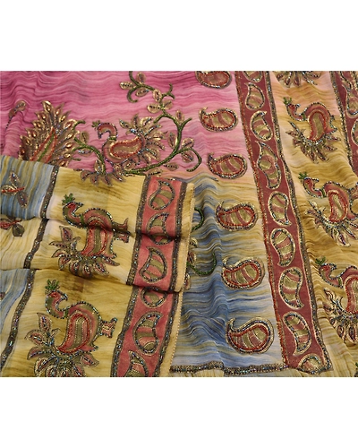 Sanskriti Vintage Indian Sarees Georgette Glass Beads Sari Craft Painted Fabric, PS-58643-Multi Color-Handmade Kalamkari Work-Georgette (Not Pure Georgette)-7
