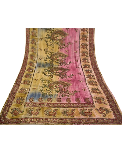 Sanskriti Vintage Indian Sarees Georgette Glass Beads Sari Craft Painted Fabric, PS-58643-Multi Color-Handmade Kalamkari Work-Georgette (Not Pure Georgette)-8