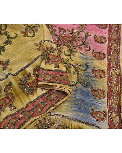 Sanskriti Vintage Indian Sarees Georgette Glass Beads Sari Craft Painted Fabric, PS-58643-Multi Color-Handmade Kalamkari Work-Georgette (Not Pure Georgette)-9
