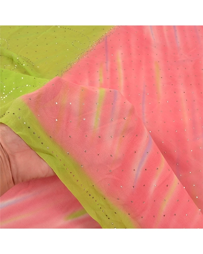 Sanskriti Vintage Pink Sarees Pure Georgette Silk Handmade Premium Sari Fabric, PS-58675-Pink &amp; Orange-Mukesh Work-100% Pure Georgette Silk-4