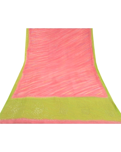 Sanskriti Vintage Pink Sarees Pure Georgette Silk Handmade Premium Sari Fabric, PS-58675-Pink &amp; Orange-Mukesh Work-100% Pure Georgette Silk-8