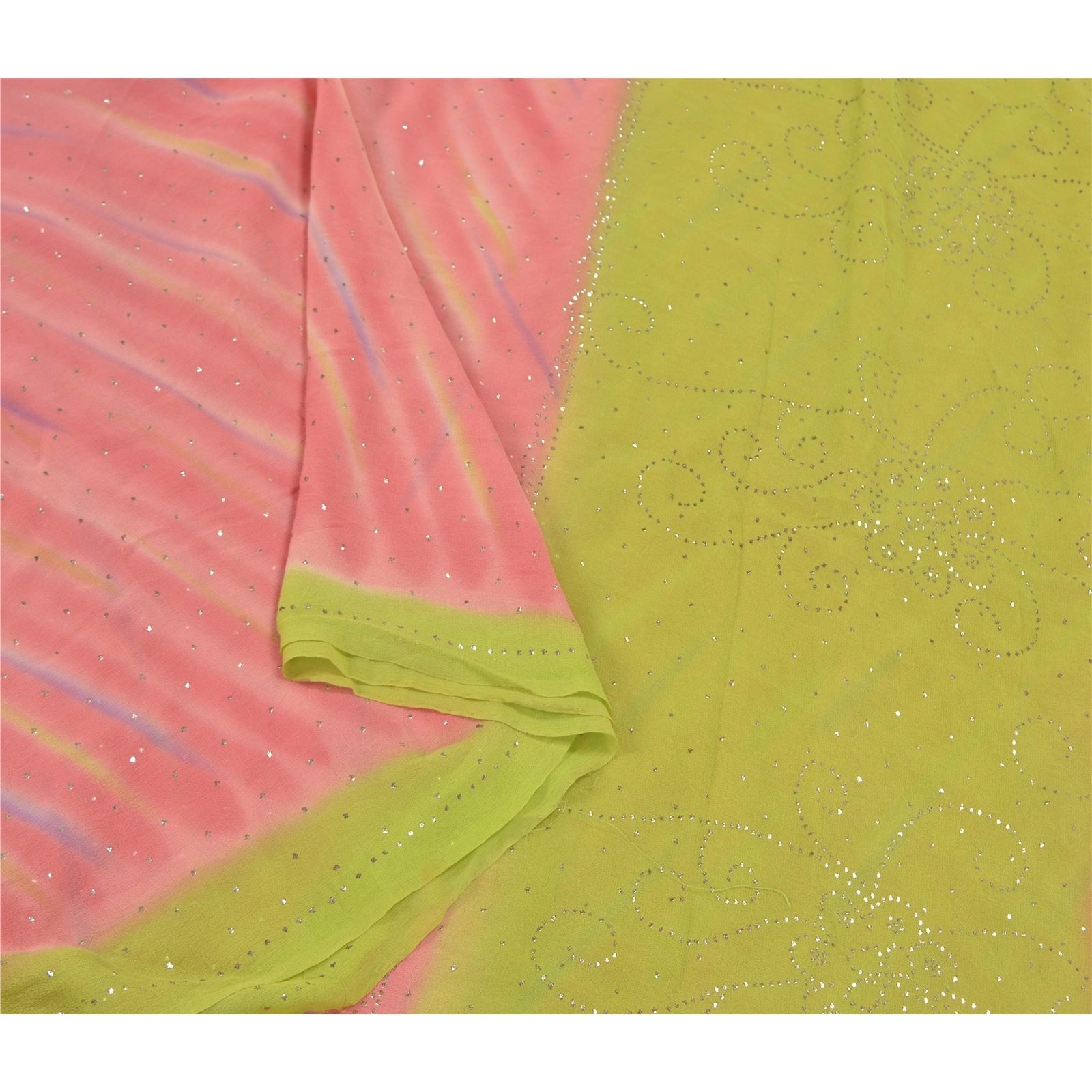 Sanskriti Vintage Pink Sarees Pure Georgette Silk Handmade Premium Sari Fabric, PS-58675-Pink &amp; Orange-Mukesh Work-100% Pure Georgette Silk-9