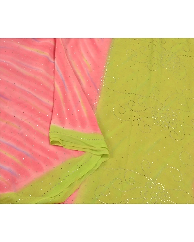 Sanskriti Vintage Pink Sarees Pure Georgette Silk Handmade Premium Sari Fabric, PS-58675-Pink &amp; Orange-Mukesh Work-100% Pure Georgette Silk-9