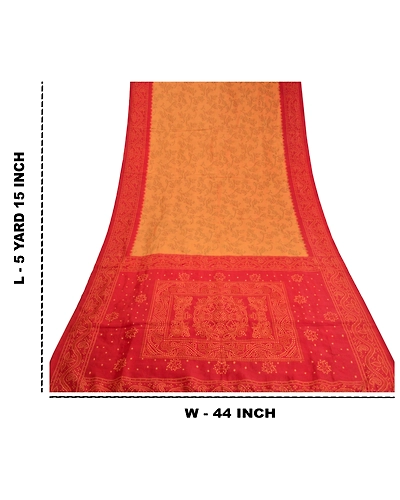 Sanskriti Vintage Dark Red Indian Sarees Art Silk Bandhani Printed Sari Fabric, PS-58697-Dark Red &amp; Shade Of Saffron-Ikat Work-Art (Artificial) Silk-1