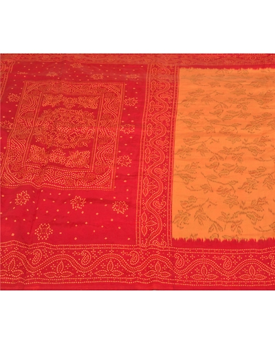 Sanskriti Vintage Dark Red Indian Sarees Art Silk Bandhani Printed Sari Fabric, PS-58697-Dark Red &amp; Shade Of Saffron-Ikat Work-Art (Artificial) Silk-3