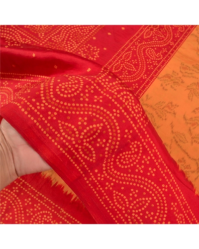 Sanskriti Vintage Dark Red Indian Sarees Art Silk Bandhani Printed Sari Fabric, PS-58697-Dark Red &amp; Shade Of Saffron-Ikat Work-Art (Artificial) Silk-4