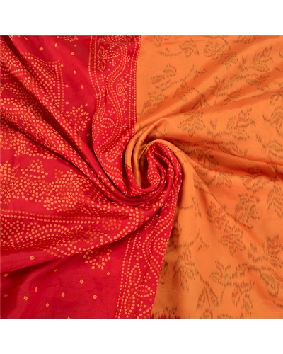 Sanskriti Vintage Dark Red Indian Sarees Art Silk Bandhani Printed Sari Fabric, PS-58697-Dark Red &amp; Shade Of Saffron-Ikat Work-Art (Artificial) Silk-6