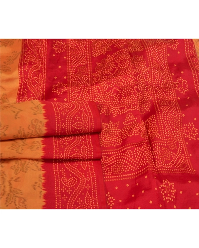 Sanskriti Vintage Dark Red Indian Sarees Art Silk Bandhani Printed Sari Fabric, PS-58697-Dark Red &amp; Shade Of Saffron-Ikat Work-Art (Artificial) Silk-7