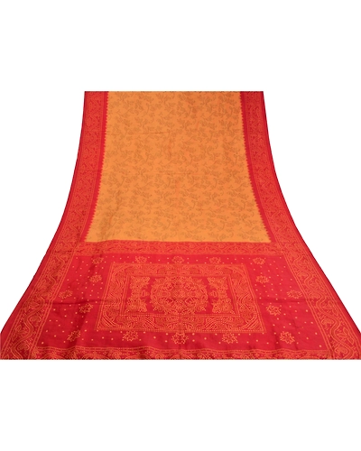 Sanskriti Vintage Dark Red Indian Sarees Art Silk Bandhani Printed Sari Fabric, PS-58697-Dark Red &amp; Shade Of Saffron-Ikat Work-Art (Artificial) Silk-8