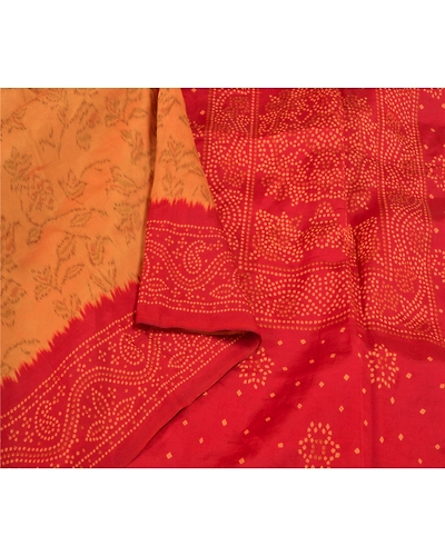 Sanskriti Vintage Dark Red Indian Sarees Art Silk Bandhani Printed Sari Fabric, PS-58697-Dark Red &amp; Shade Of Saffron-Ikat Work-Art (Artificial) Silk-9