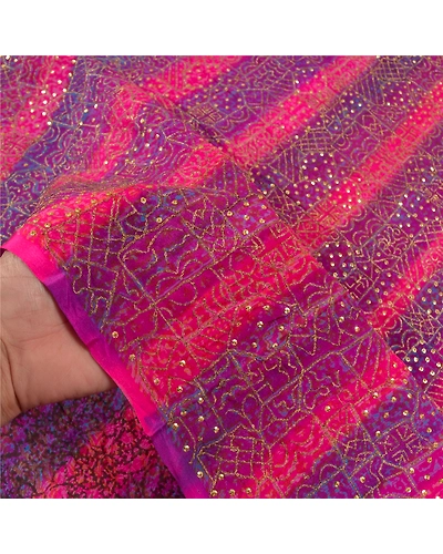 Sanskriti Vintage Pink Sarees 100% Pure Silk Hand Beaded Sari Premium Fabric, PS-58698-Pink &amp; Purple-Sequins Work-100% Pure Silk-4