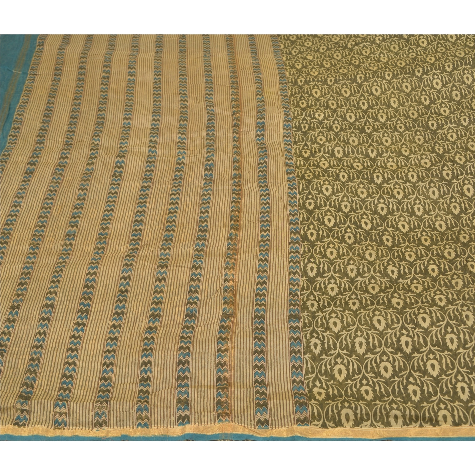 Sanskriti Vintage Green Indian Sarees 100% Pure Cotton Printed Sari Craft Fabric, PS-58744-Shade Of Green-Printed Work-100% Pure Cotton-3