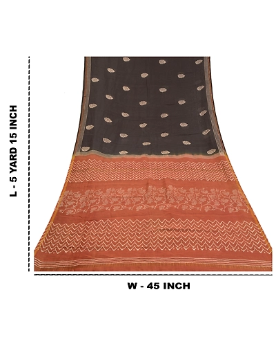 Sanskriti Vintage Black Sarees 100% Pure Cotton Sari Craft 5 Yard Fabric, PS-58747-Black &amp; Brown-Printed Work-100% Pure Cotton-1