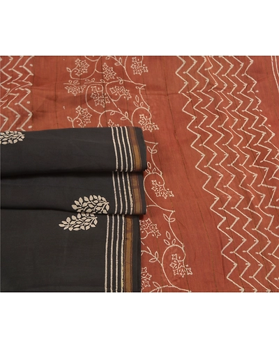 Sanskriti Vintage Black Sarees 100% Pure Cotton Sari Craft 5 Yard Fabric, PS-58747-Black &amp; Brown-Printed Work-100% Pure Cotton-7