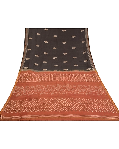 Sanskriti Vintage Black Sarees 100% Pure Cotton Sari Craft 5 Yard Fabric, PS-58747-Black &amp; Brown-Printed Work-100% Pure Cotton-8