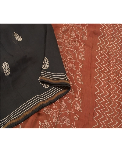 Sanskriti Vintage Black Sarees 100% Pure Cotton Sari Craft 5 Yard Fabric, PS-58747-Black &amp; Brown-Printed Work-100% Pure Cotton-9