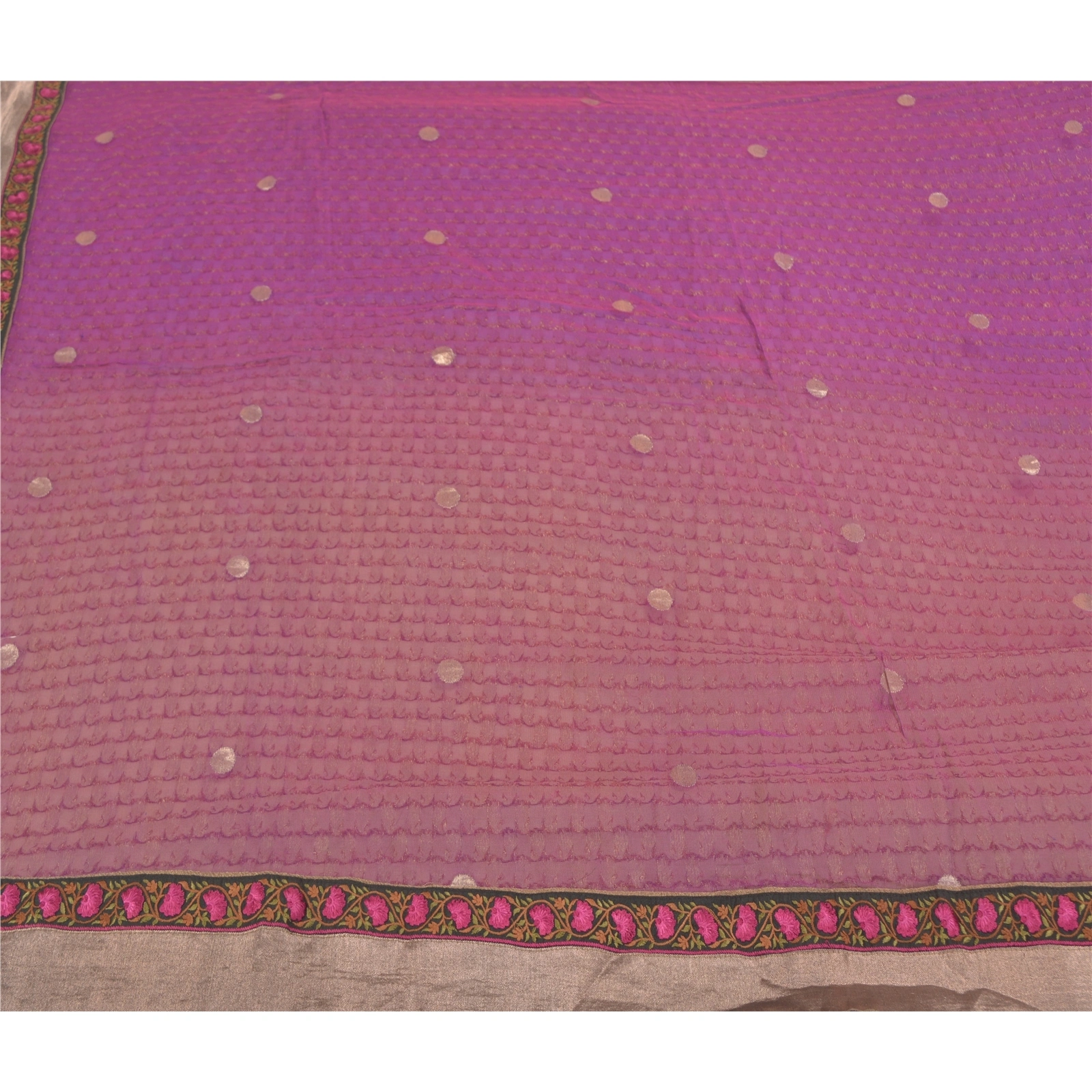 Sanskriti Vintage Purple Sarees Pure Georgette Silk Embroidered Sari Fabric, PS-58748-Purple &amp; Brown-Printed Work-100% Pure Georgette Silk &amp; Net Mesh-3