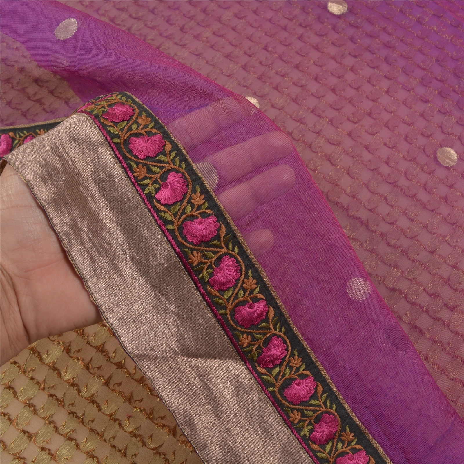 Sanskriti Vintage Purple Sarees Pure Georgette Silk Embroidered Sari Fabric, PS-58748-Purple &amp; Brown-Printed Work-100% Pure Georgette Silk &amp; Net Mesh-4