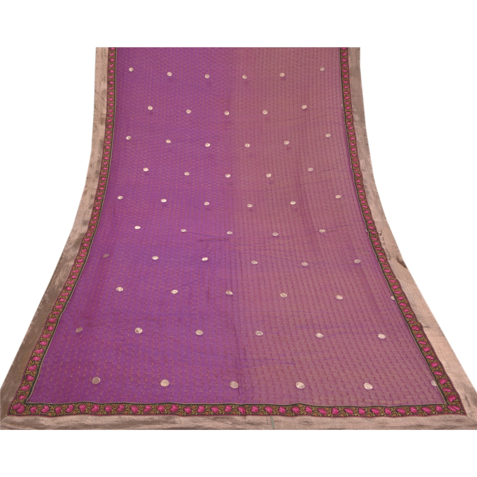 Sanskriti Vintage Purple Sarees Pure Georgette Silk Embroidered Sari Fabric, PS-58748-Purple &amp; Brown-Printed Work-100% Pure Georgette Silk &amp; Net Mesh-8