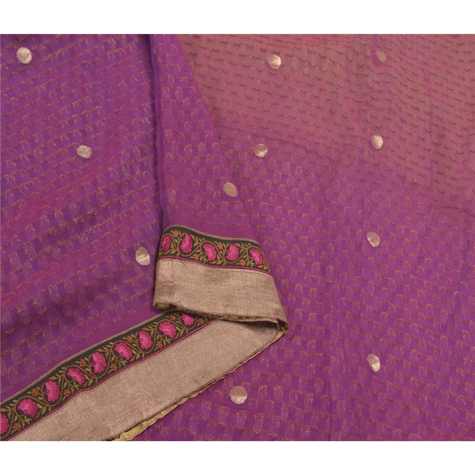 Sanskriti Vintage Purple Sarees Pure Georgette Silk Embroidered Sari Fabric, PS-58748-Purple &amp; Brown-Printed Work-100% Pure Georgette Silk &amp; Net Mesh-9