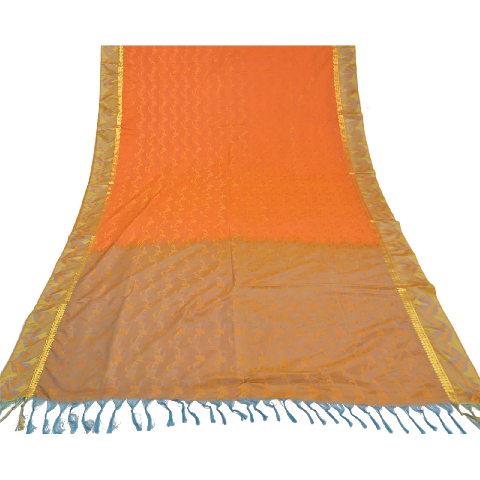 Sanskriti Vintage Orange Indian Sarees Art Silk Woven Premium Sari Craft Fabric, PS-58749-Orange-Woven Work-Art (Artificial) Silk-8