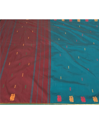 Sanskriti Vintage Green Sarees Art Silk Handwoven Peacock Premium Sari Fabric, PS-58752-Green &amp; Dark Red-Woven Work-Art ( Artificial) Silk-3