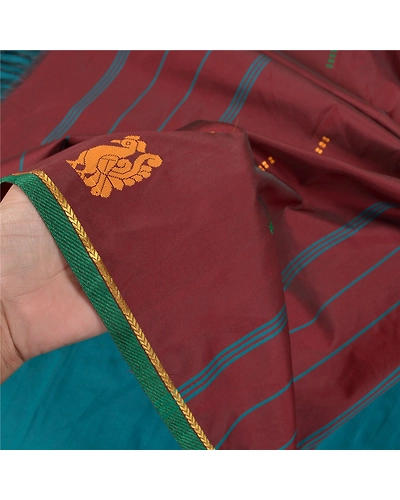 Sanskriti Vintage Green Sarees Art Silk Handwoven Peacock Premium Sari Fabric, PS-58752-Green &amp; Dark Red-Woven Work-Art ( Artificial) Silk-4