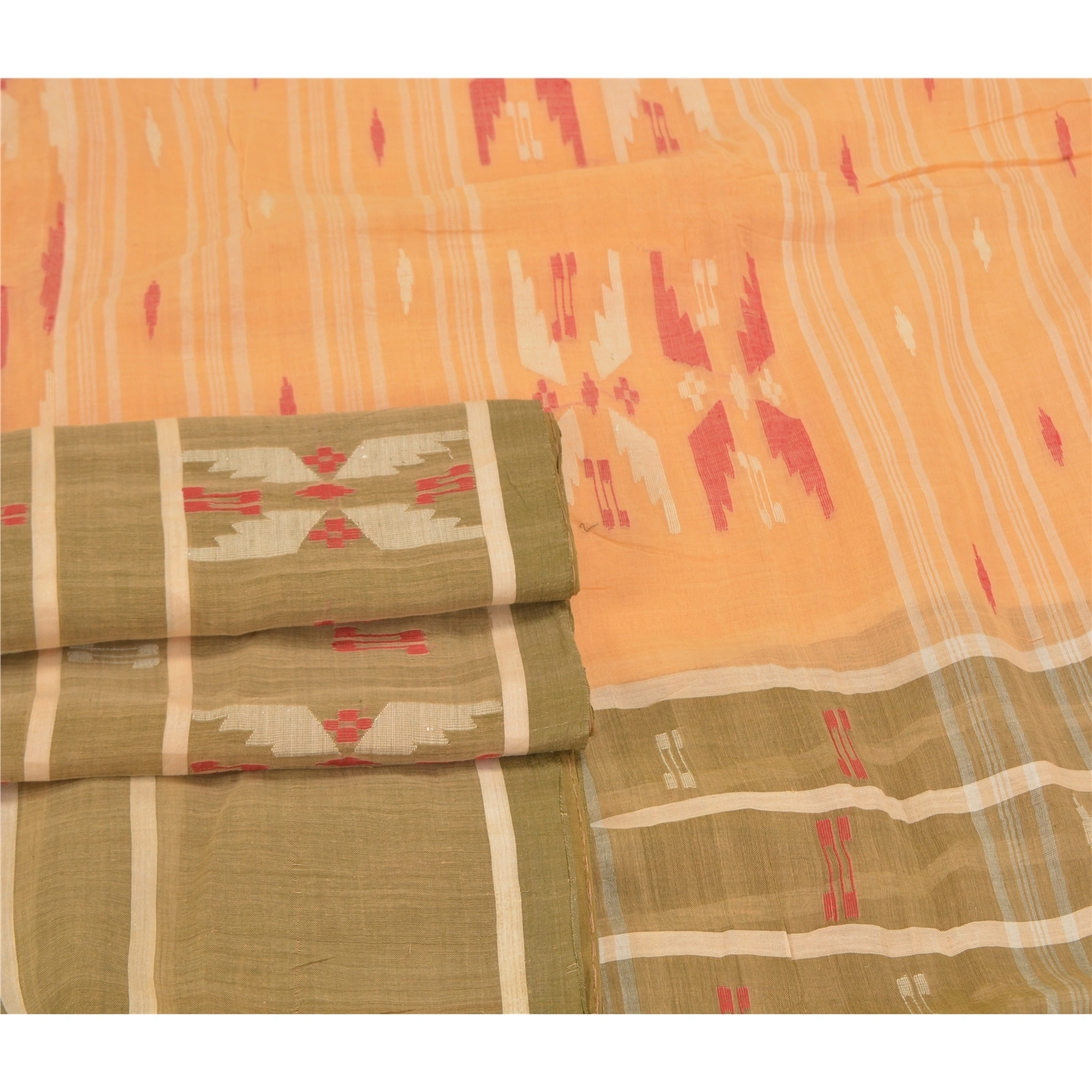 Sanskriti Vintage Peach Sarees Pure Cotton Handwoven Bengali Tant Sari Fabric, PS-58756-Shade Of Peach &amp; Green-Hand Woven Work-100% Pure Cotton-7