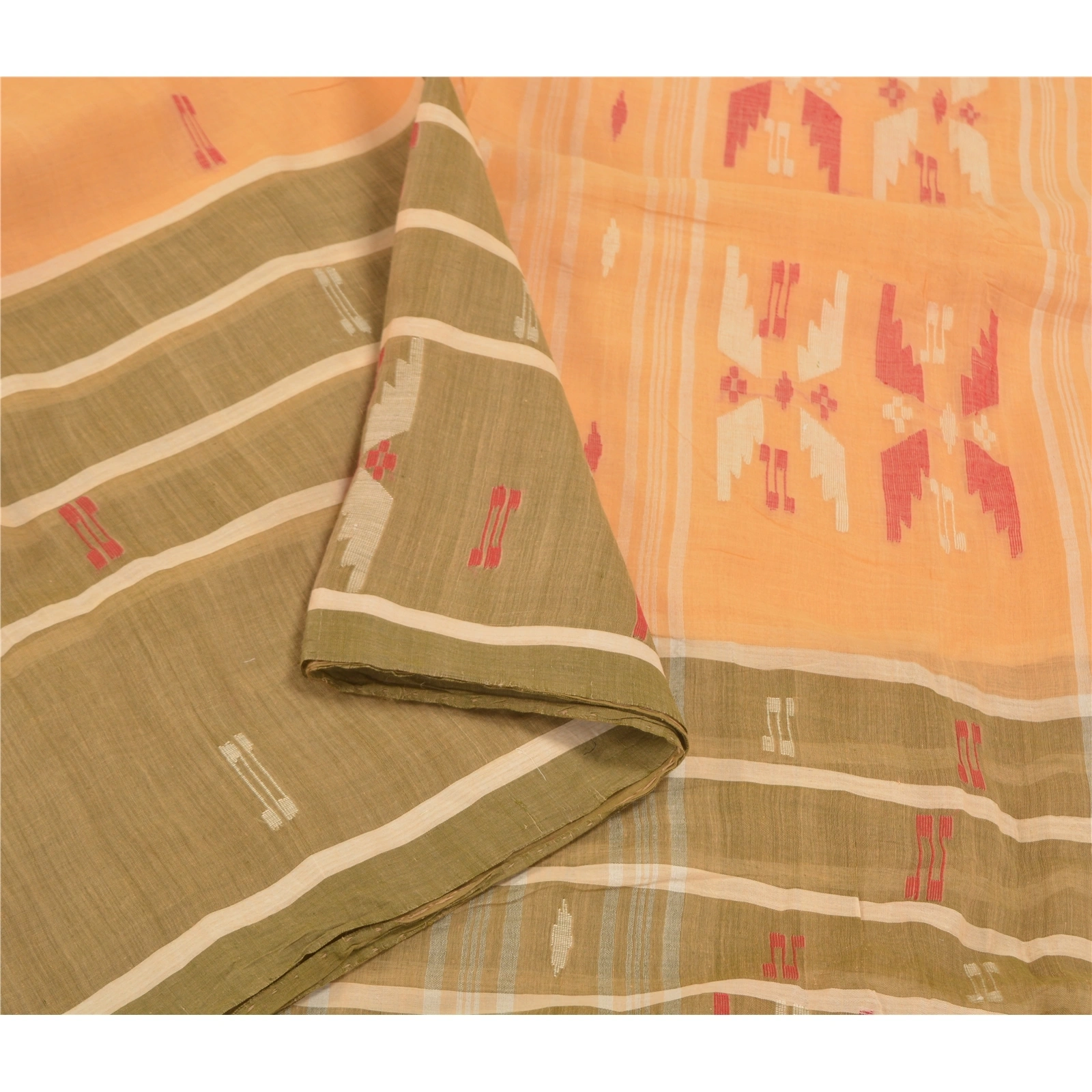 Sanskriti Vintage Peach Sarees Pure Cotton Handwoven Bengali Tant Sari Fabric, PS-58756-Shade Of Peach &amp; Green-Hand Woven Work-100% Pure Cotton-9