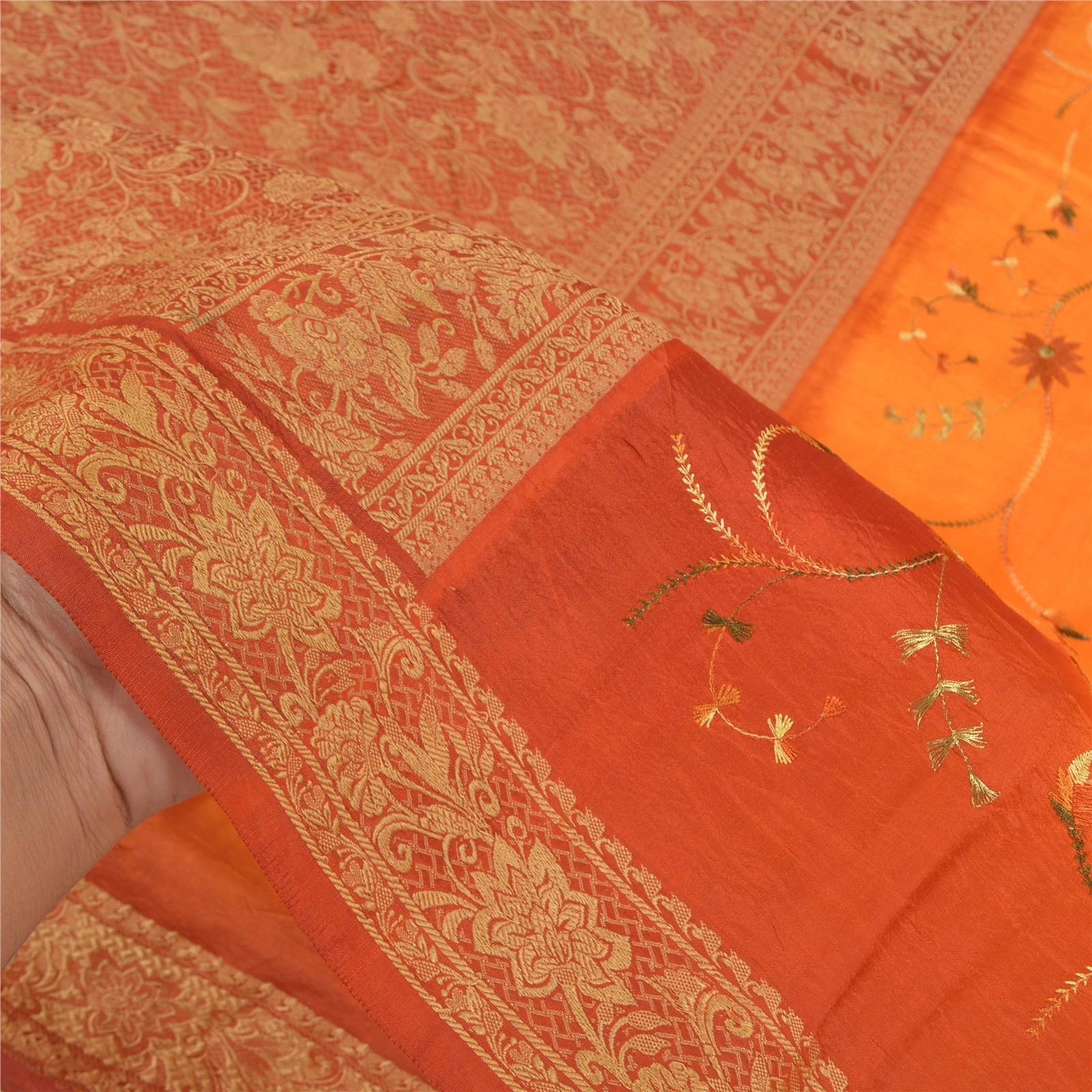 Sanskriti Vintage Saffron Sarees Pure Silk Embroidered Woven Premium Sari Fabric, PS-58767-Shade Of Saffron &amp; Orange-Woven Work-100% Pure Silk-4