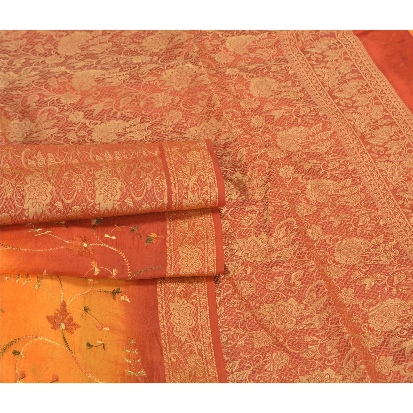 Sanskriti Vintage Saffron Sarees Pure Silk Embroidered Woven Premium Sari Fabric, PS-58767-Shade Of Saffron &amp; Orange-Woven Work-100% Pure Silk-7