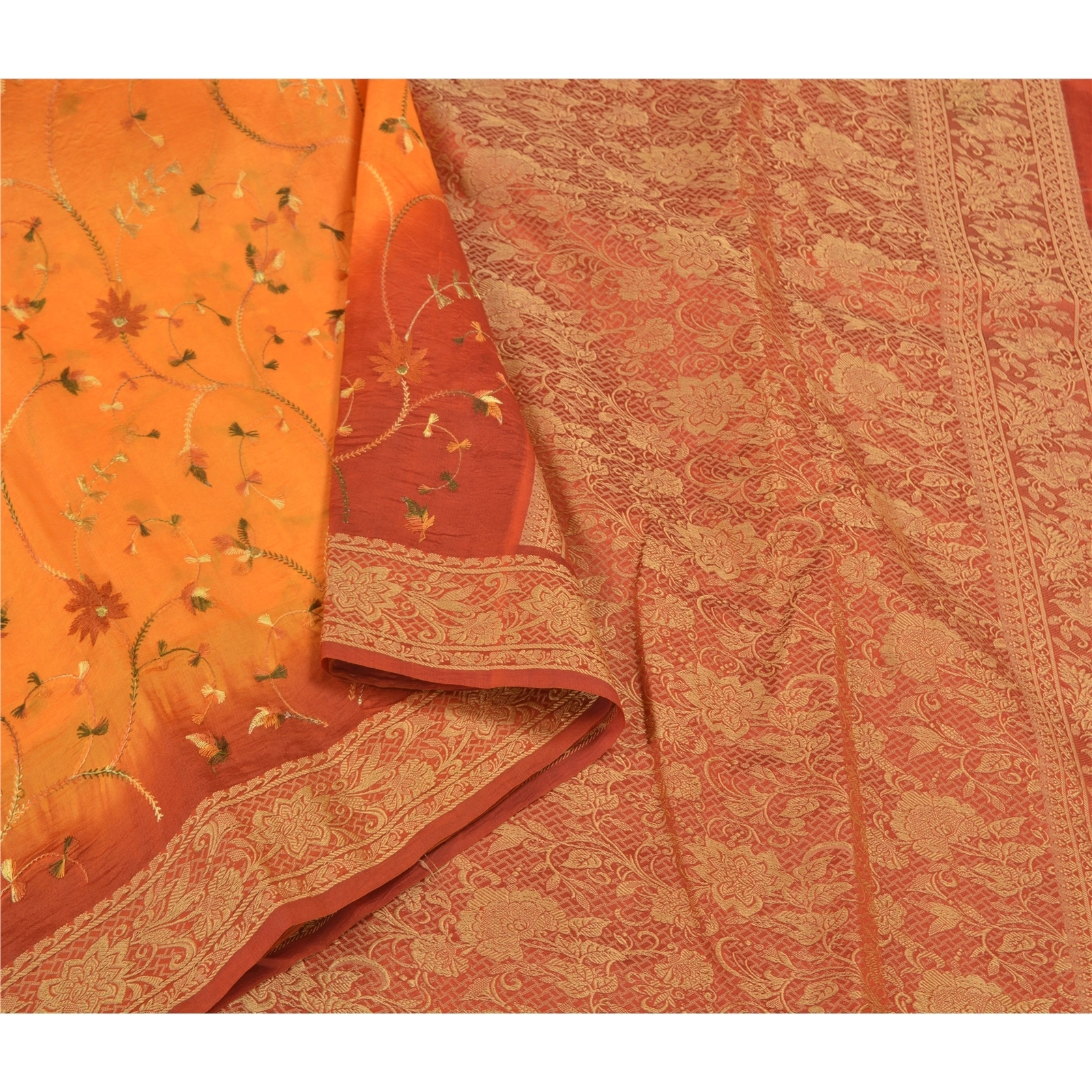 Sanskriti Vintage Saffron Sarees Pure Silk Embroidered Woven Premium Sari Fabric, PS-58767-Shade Of Saffron &amp; Orange-Woven Work-100% Pure Silk-9