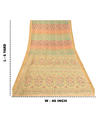 Sanskriti Vintage Ivory Indian Sarees Blend Silk Painted Premium Sari Fabric, PS-58770-Ivory-Painted Work-Blend Silk (Not Pure Fabric)-1