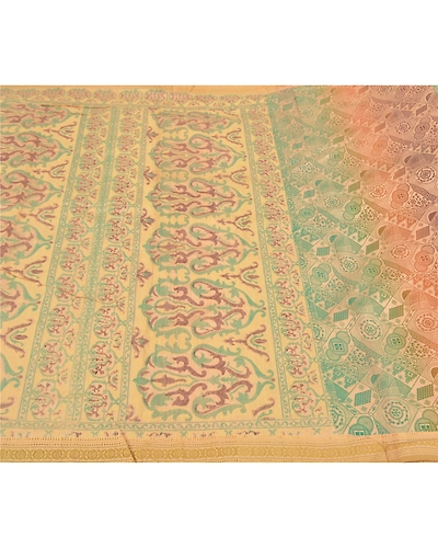 Sanskriti Vintage Ivory Indian Sarees Blend Silk Painted Premium Sari Fabric, PS-58770-Ivory-Painted Work-Blend Silk (Not Pure Fabric)-3