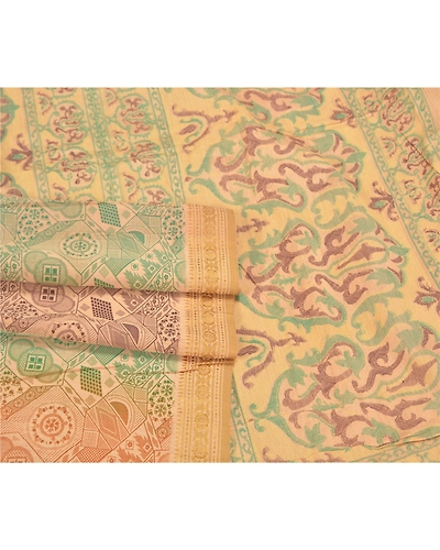 Sanskriti Vintage Ivory Indian Sarees Blend Silk Painted Premium Sari Fabric, PS-58770-Ivory-Painted Work-Blend Silk (Not Pure Fabric)-7