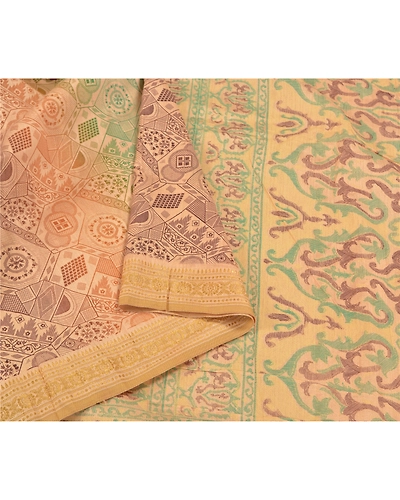 Sanskriti Vintage Ivory Indian Sarees Blend Silk Painted Premium Sari Fabric, PS-58770-Ivory-Painted Work-Blend Silk (Not Pure Fabric)-9