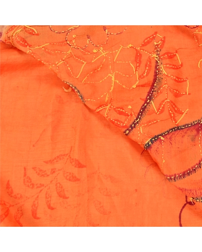 Sanskriti Vintage Orange Sarees Pure Silk Hand Beaded Kantha Sari Craft Fabric, PS-58783-Orange &amp; Green-Thread Work-100% Pure Silk-2