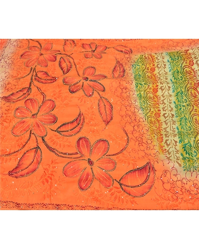Sanskriti Vintage Orange Sarees Pure Silk Hand Beaded Kantha Sari Craft Fabric, PS-58783-Orange &amp; Green-Thread Work-100% Pure Silk-3