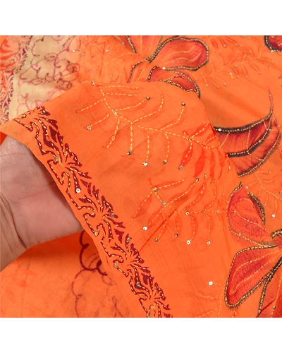 Sanskriti Vintage Orange Sarees Pure Silk Hand Beaded Kantha Sari Craft Fabric, PS-58783-Orange &amp; Green-Thread Work-100% Pure Silk-4