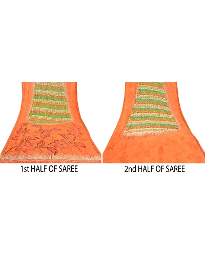 Sanskriti Vintage Orange Sarees Pure Silk Hand Beaded Kantha Sari Craft Fabric, PS-58783-Orange &amp; Green-Thread Work-100% Pure Silk-5
