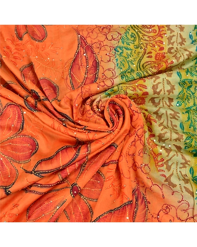 Sanskriti Vintage Orange Sarees Pure Silk Hand Beaded Kantha Sari Craft Fabric, PS-58783-Orange &amp; Green-Thread Work-100% Pure Silk-6