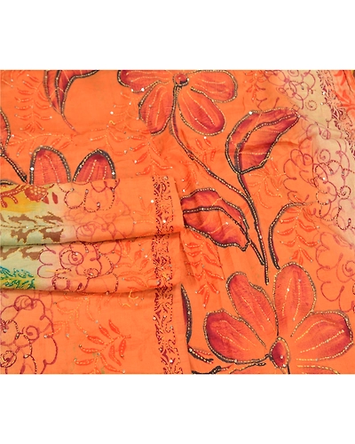 Sanskriti Vintage Orange Sarees Pure Silk Hand Beaded Kantha Sari Craft Fabric, PS-58783-Orange &amp; Green-Thread Work-100% Pure Silk-7