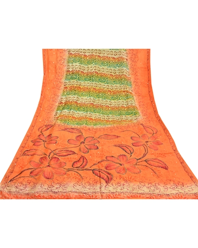 Sanskriti Vintage Orange Sarees Pure Silk Hand Beaded Kantha Sari Craft Fabric, PS-58783-Orange &amp; Green-Thread Work-100% Pure Silk-8