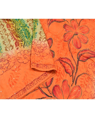 Sanskriti Vintage Orange Sarees Pure Silk Hand Beaded Kantha Sari Craft Fabric, PS-58783-Orange &amp; Green-Thread Work-100% Pure Silk-9