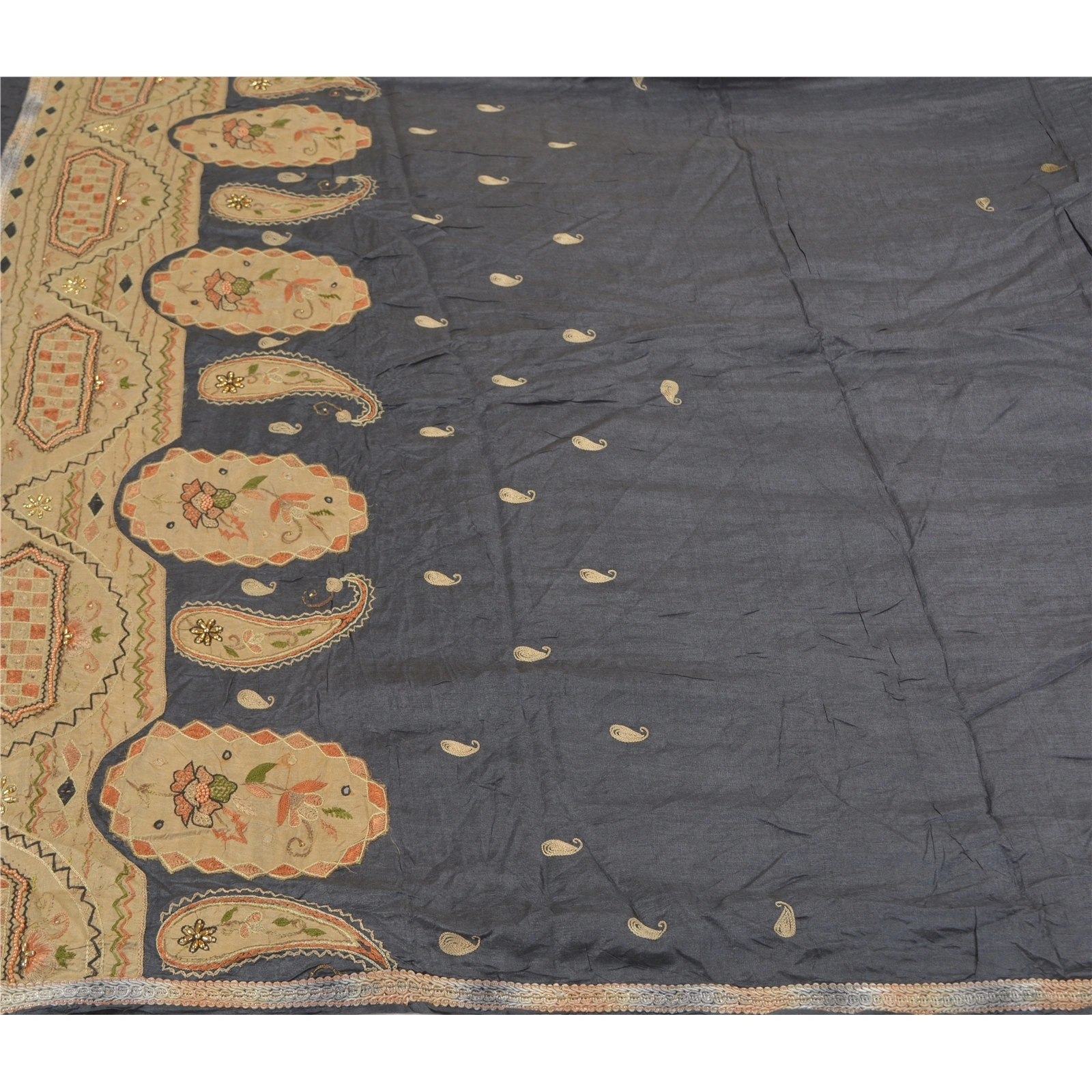 Sanskriti Vintage Greyish Black Sarees Pure Silk Hand Beaded Premium Sari Fabric, PS-58785-Greyish Black-Beaded Work-100% Pure Silk-3