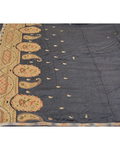 Sanskriti Vintage Greyish Black Sarees Pure Silk Hand Beaded Premium Sari Fabric, PS-58785-Greyish Black-Beaded Work-100% Pure Silk-3