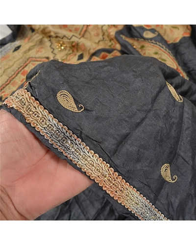 Sanskriti Vintage Greyish Black Sarees Pure Silk Hand Beaded Premium Sari Fabric, PS-58785-Greyish Black-Beaded Work-100% Pure Silk-4